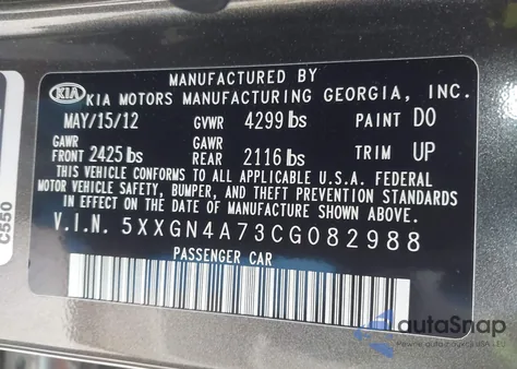 2012 Kia Optima Ex from USA, damaged, VIN 5XXGN4A73CG082988